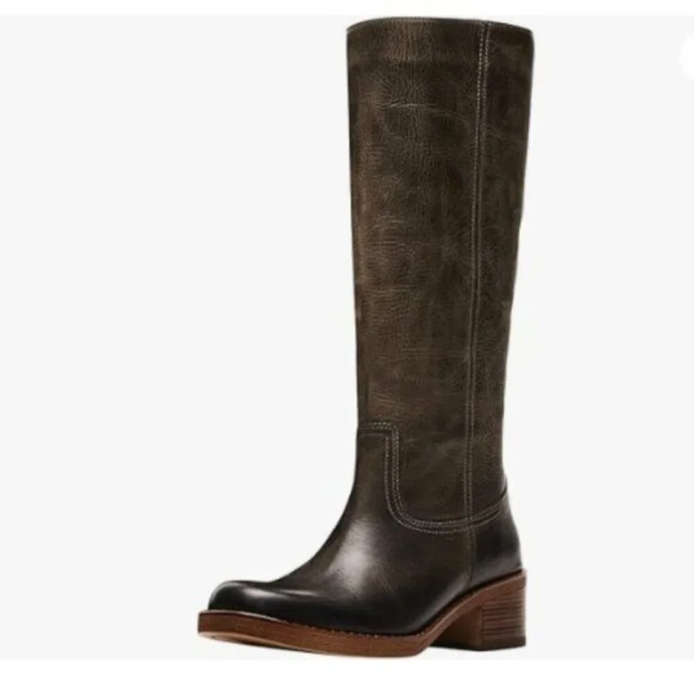 FOWT Women Platform Round Toe Calf High Boots Chunky Block Low Heel Brown Shoes